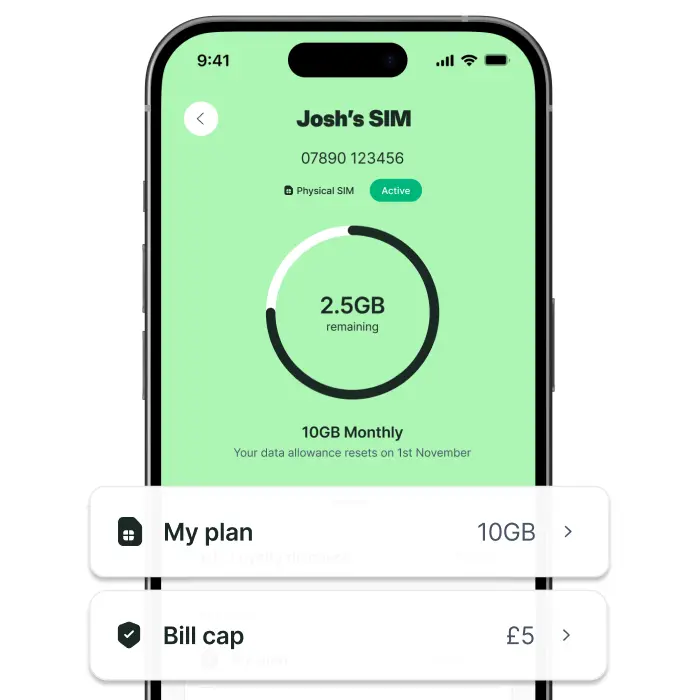 The Honest app showing data remaining, plan and bill cap for a SIM