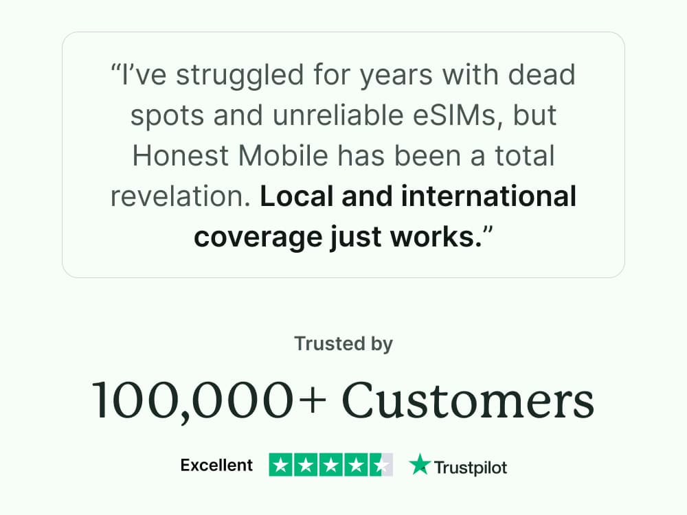 “Local and international coverage just works” — trusted by 100,000+ customers, rated Excellent on Trustpilot