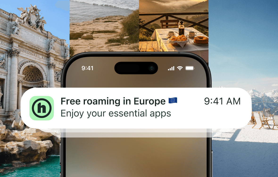 iPhone lock screen showing 'Free roaming in Europe' notification
